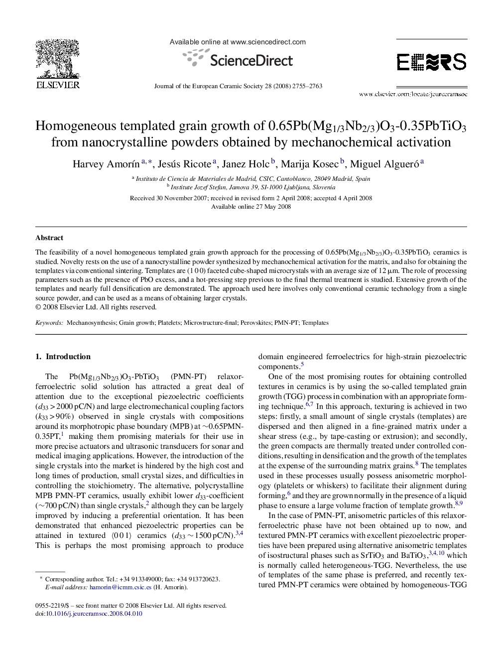 Homogeneous templated grain growth of 0.65Pb(Mg1/3Nb2/3)O3-0.35PbTiO3 from nanocrystalline powders obtained by mechanochemical activation