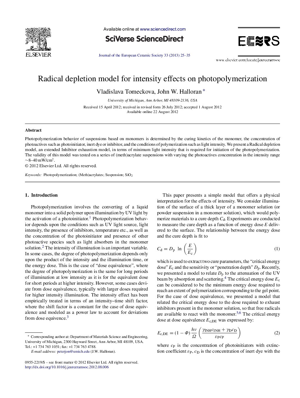 Radical depletion model for intensity effects on photopolymerization