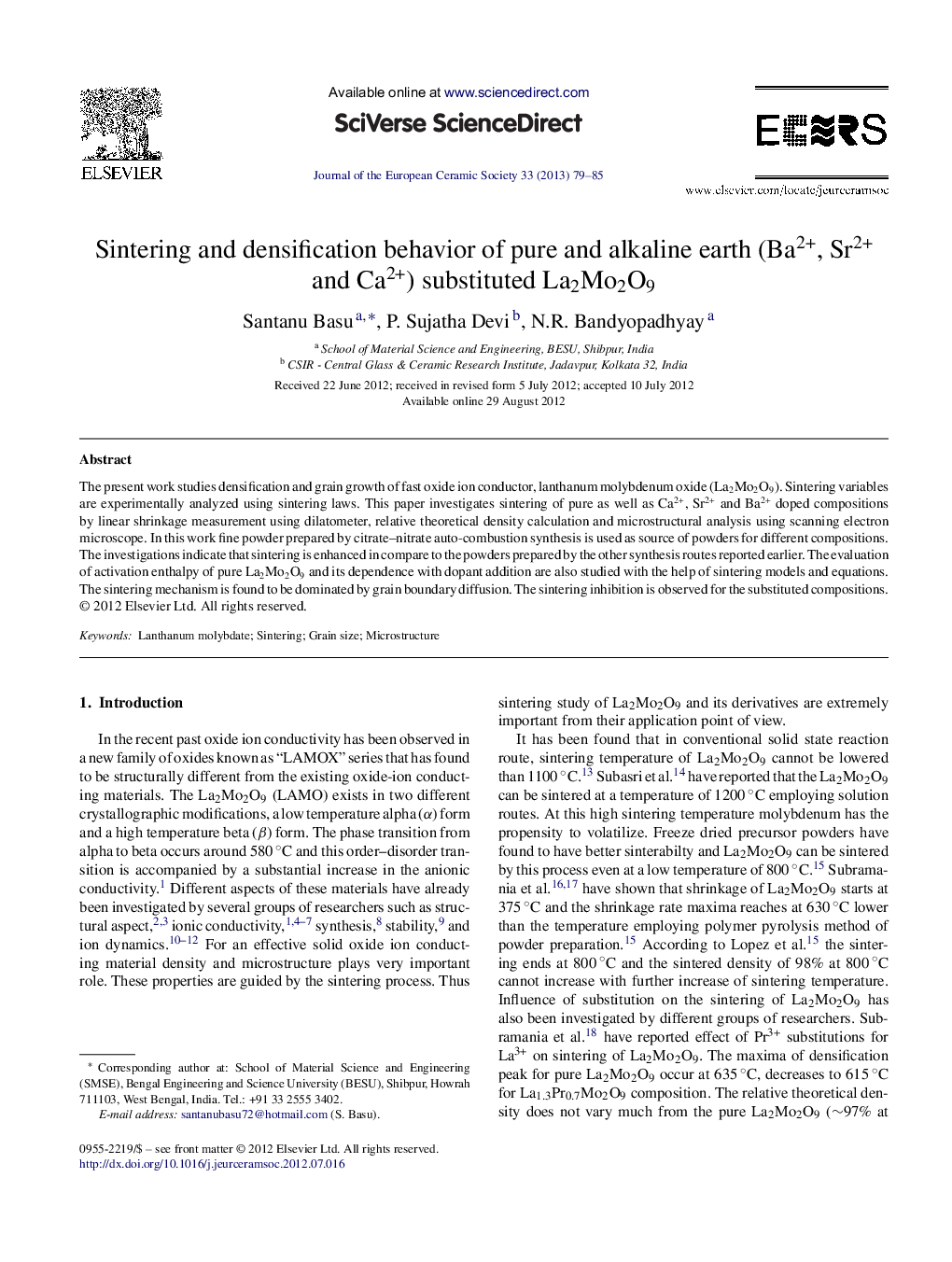 Sintering and densification behavior of pure and alkaline earth (Ba2+, Sr2+ and Ca2+) substituted La2Mo2O9