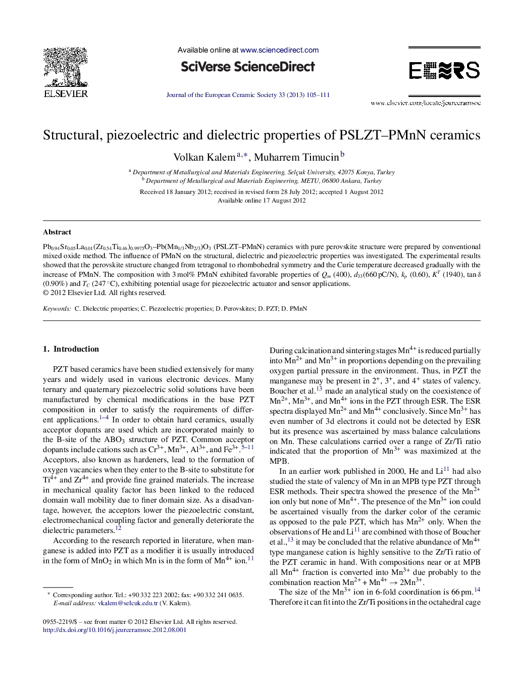 Structural, piezoelectric and dielectric properties of PSLZT–PMnN ceramics