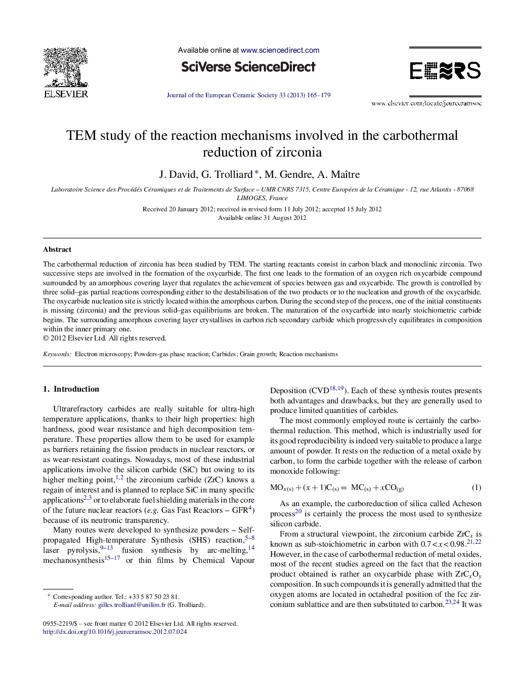 TEM study of the reaction mechanisms involved in the carbothermal reduction of zirconia