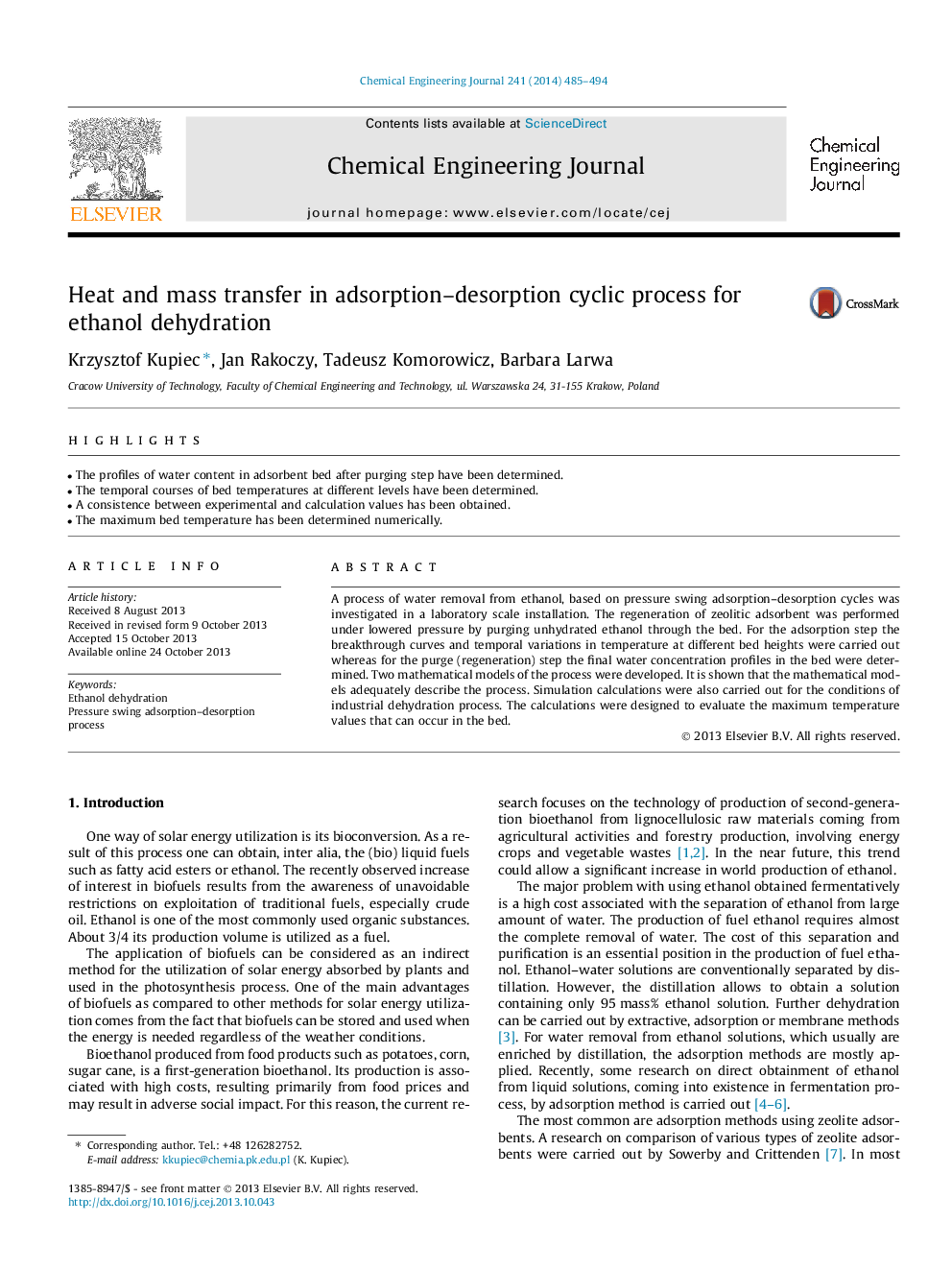 Heat and mass transfer in adsorption–desorption cyclic process for ethanol dehydration