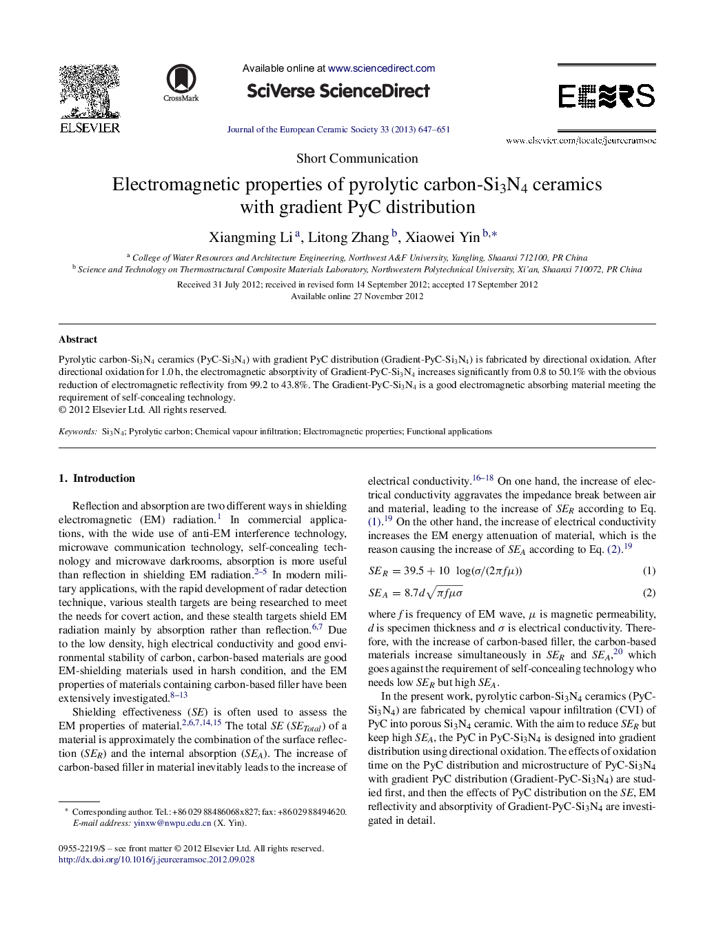 Electromagnetic properties of pyrolytic carbon-Si3N4 ceramics with gradient PyC distribution