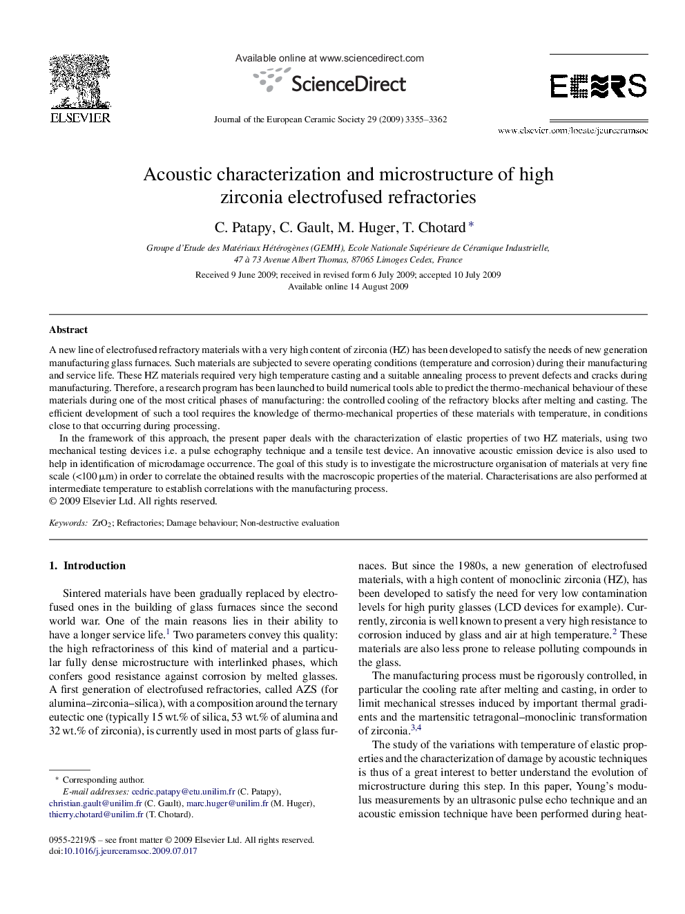 Acoustic characterization and microstructure of high zirconia electrofused refractories