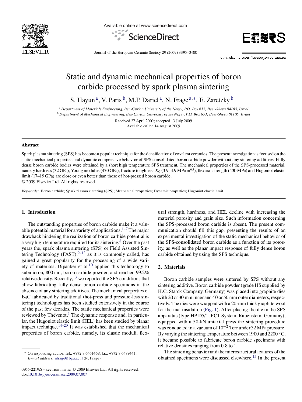 Static and dynamic mechanical properties of boron carbide processed by spark plasma sintering