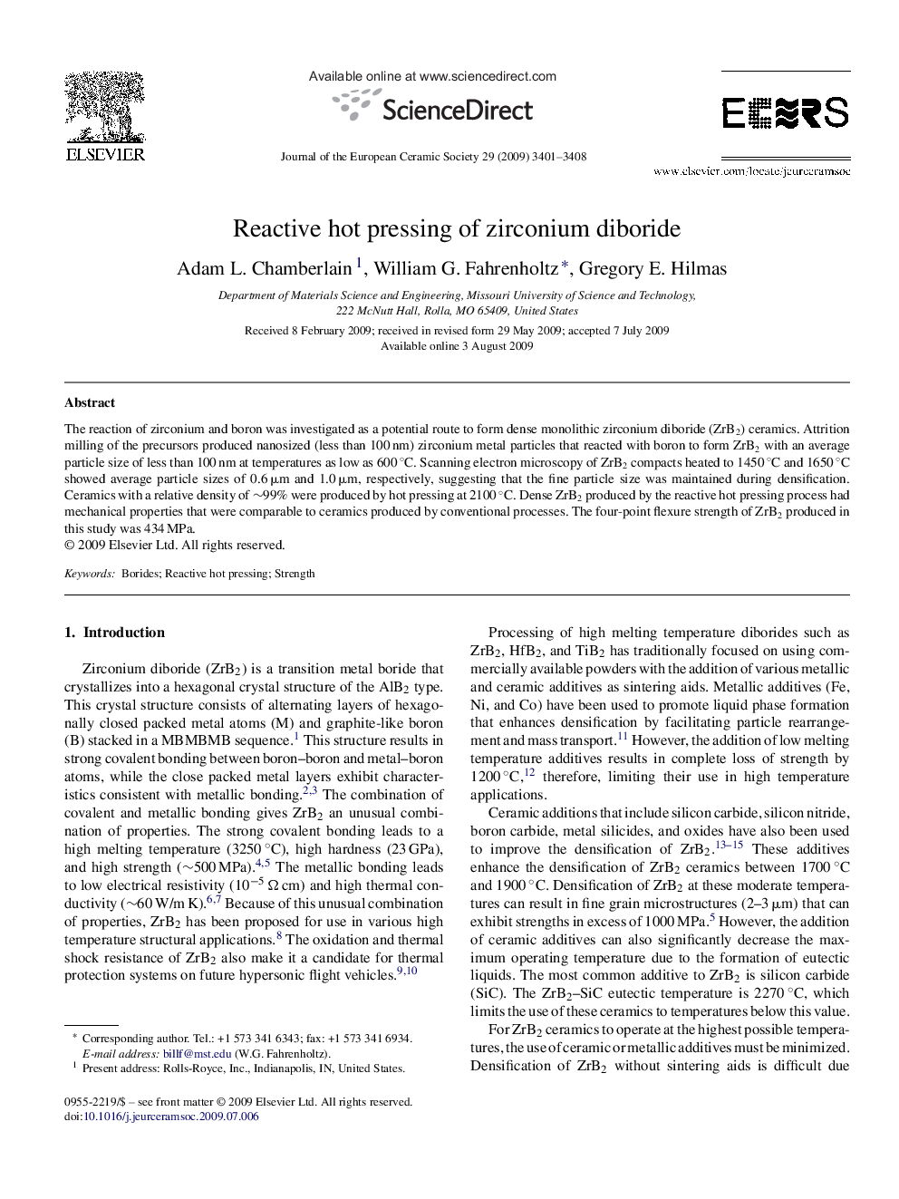 Reactive hot pressing of zirconium diboride