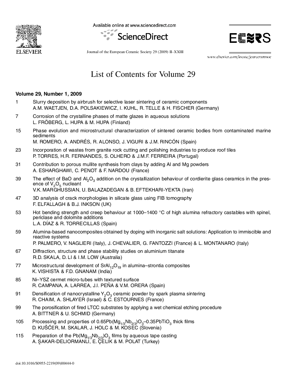 List of Contents for Volume 29