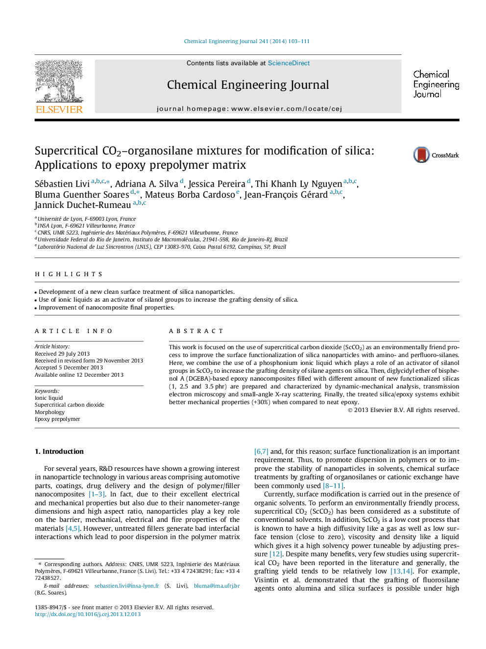 Supercritical CO2–organosilane mixtures for modification of silica: Applications to epoxy prepolymer matrix