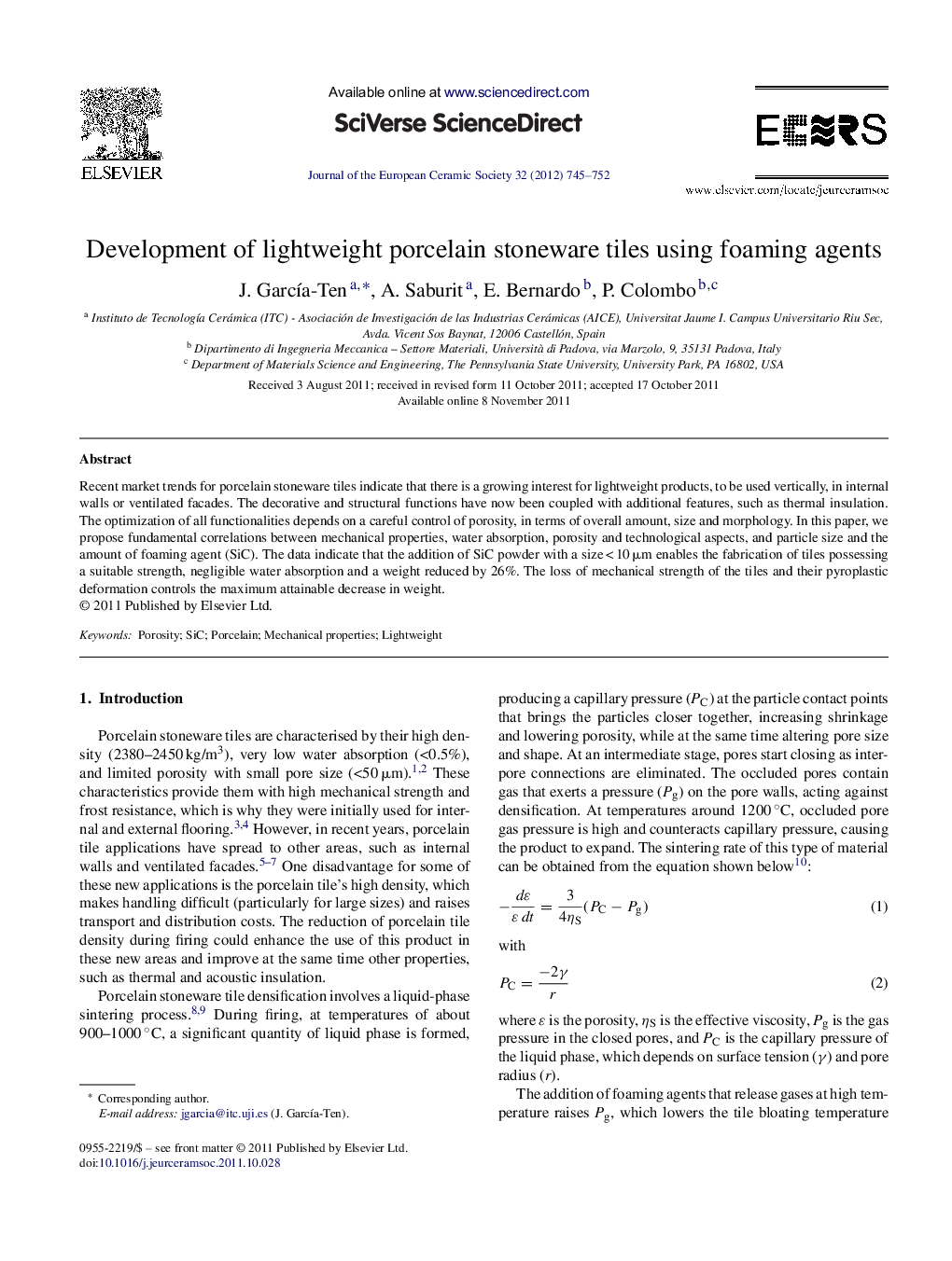 Development of lightweight porcelain stoneware tiles using foaming agents