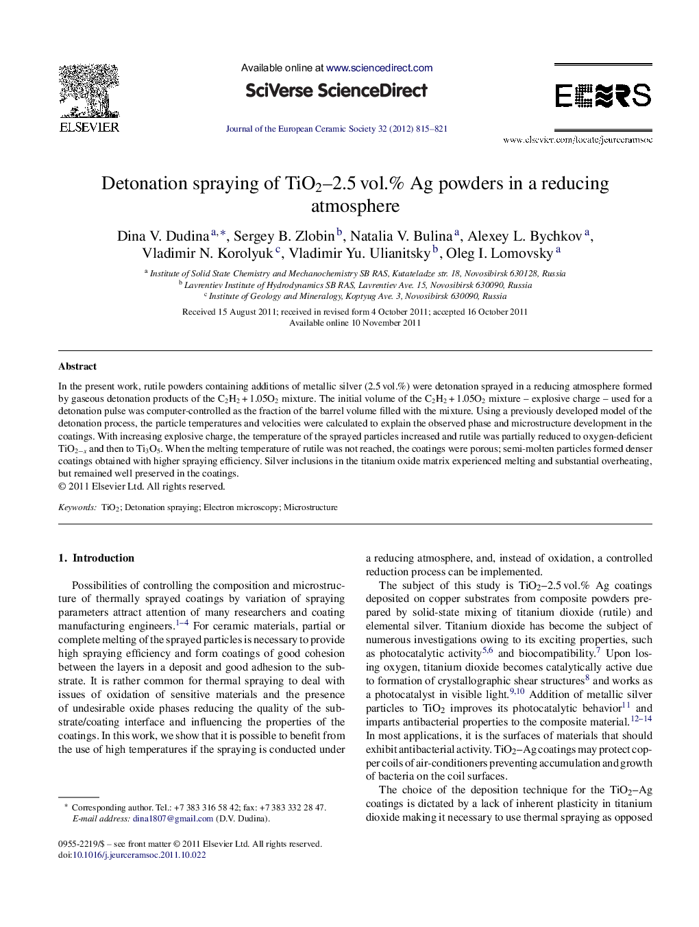 Detonation spraying of TiO2-2.5Â vol.% Ag powders in a reducing atmosphere