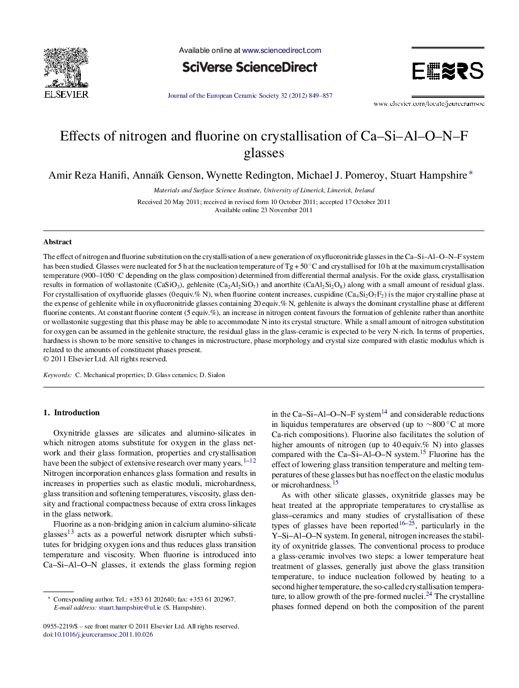 Effects of nitrogen and fluorine on crystallisation of Ca–Si–Al–O–N–F glasses