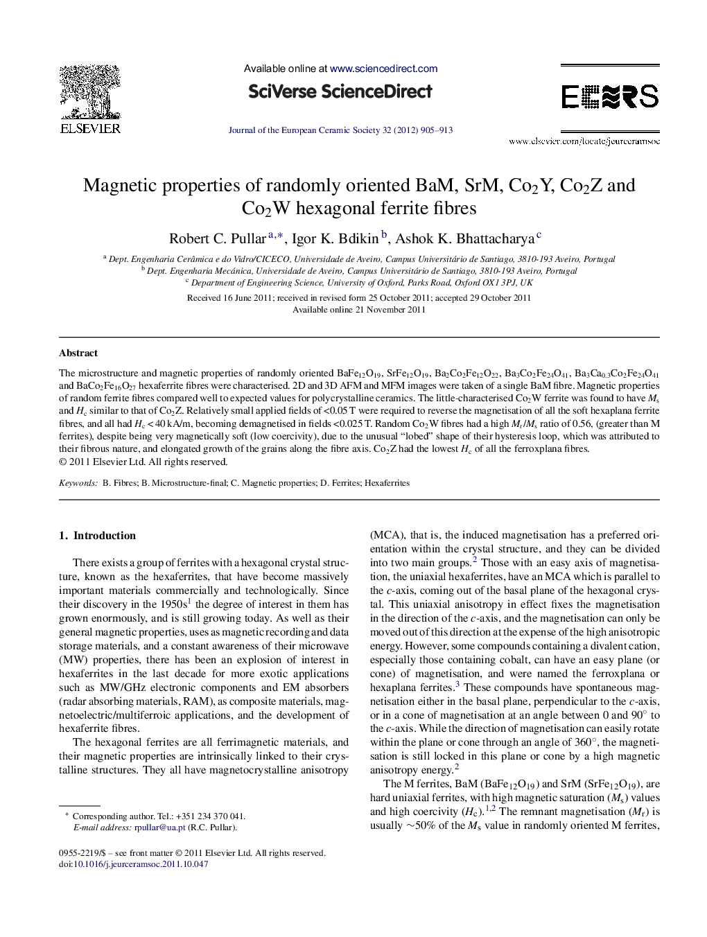 Magnetic properties of randomly oriented BaM, SrM, Co2Y, Co2Z and Co2W hexagonal ferrite fibres