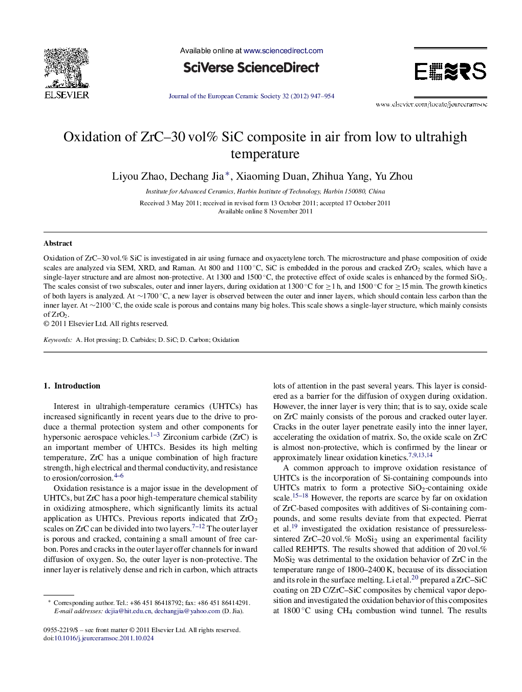 Oxidation of ZrC-30Â vol% SiC composite in air from low to ultrahigh temperature