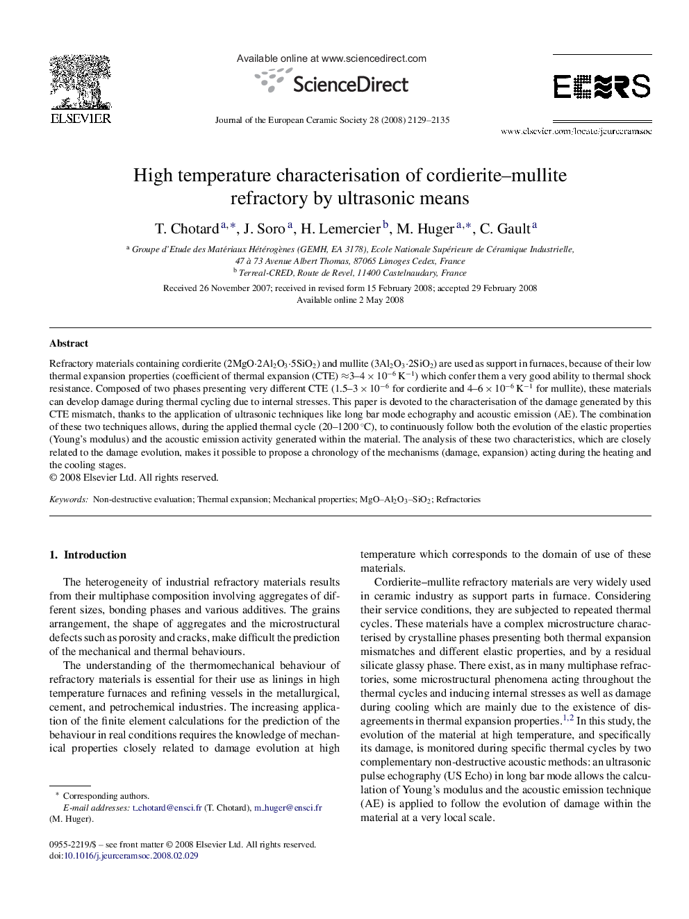 High temperature characterisation of cordierite–mullite refractory by ultrasonic means