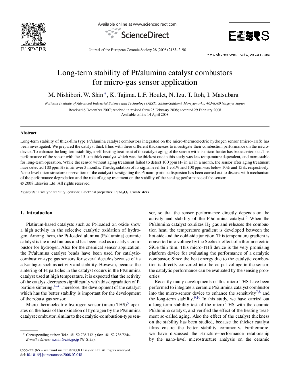 Long-term stability of Pt/alumina catalyst combustors for micro-gas sensor application