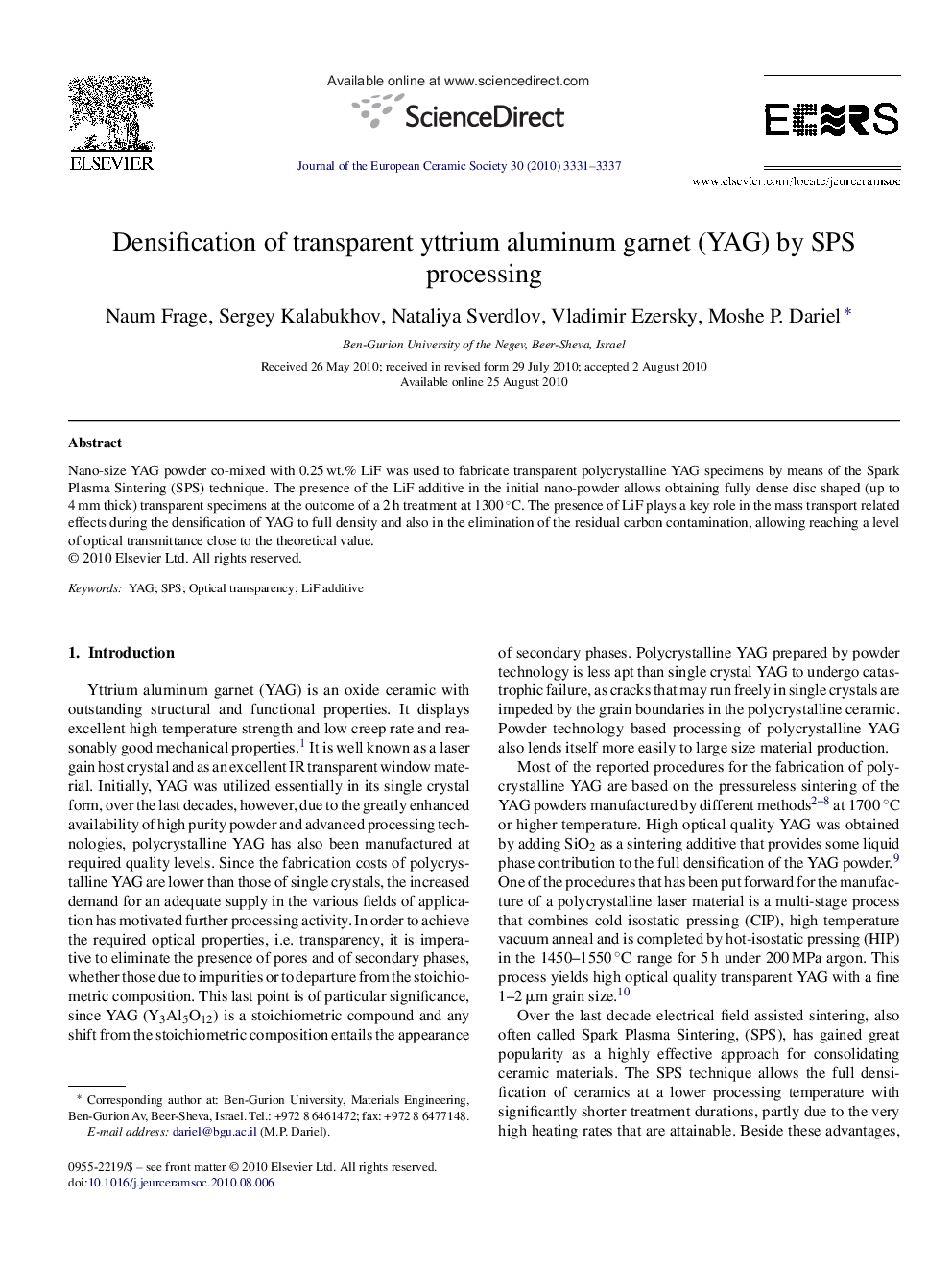 Densification of transparent yttrium aluminum garnet (YAG) by SPS processing
