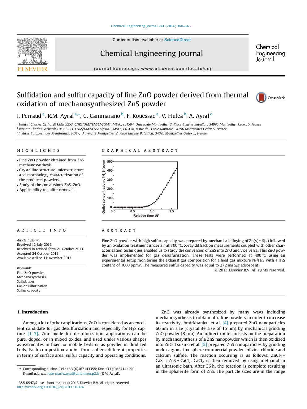 Sulfidation and sulfur capacity of fine ZnO powder derived from thermal oxidation of mechanosynthesized ZnS powder