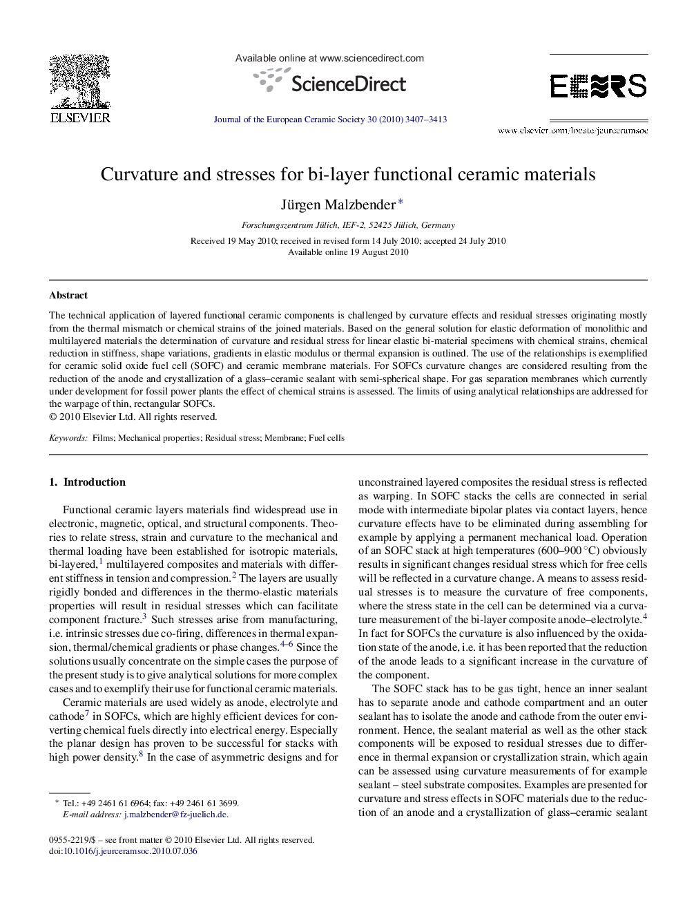 Curvature and stresses for bi-layer functional ceramic materials