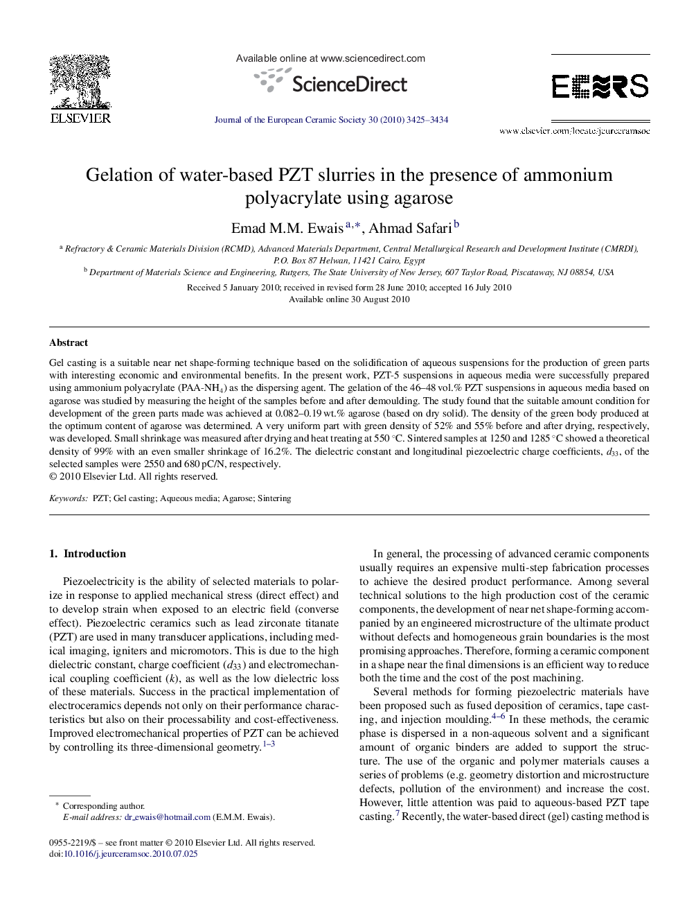 Gelation of water-based PZT slurries in the presence of ammonium polyacrylate using agarose