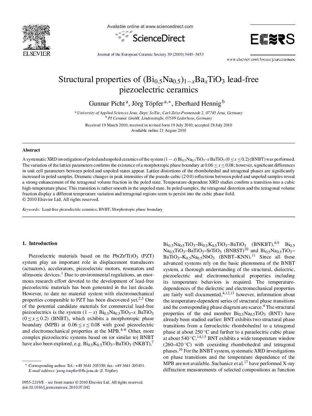 Structural properties of (Bi0.5Na0.5)1−xBaxTiO3 lead-free piezoelectric ceramics