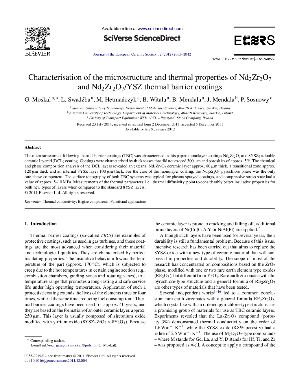 Characterisation of the microstructure and thermal properties of Nd2Zr2O7 and Nd2Zr2O7/YSZ thermal barrier coatings