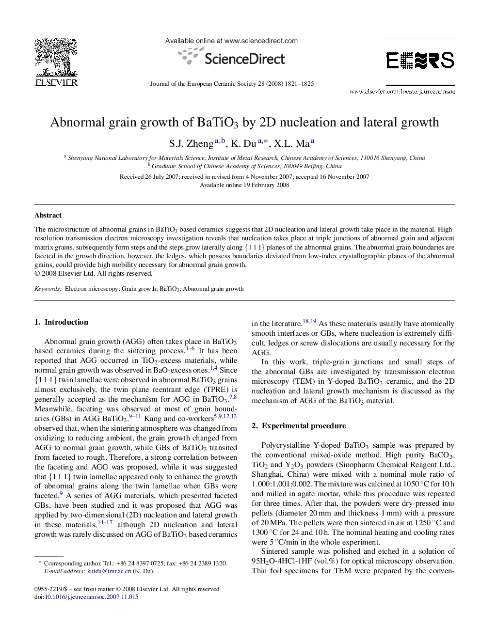 Abnormal grain growth of BaTiO3 by 2D nucleation and lateral growth