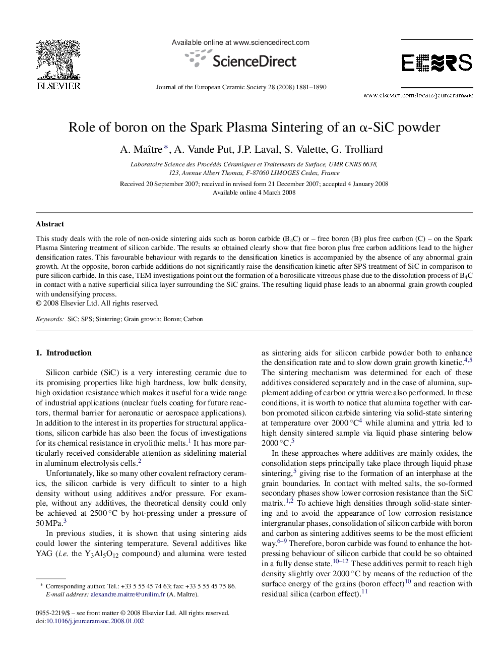 Role of boron on the Spark Plasma Sintering of an α-SiC powder