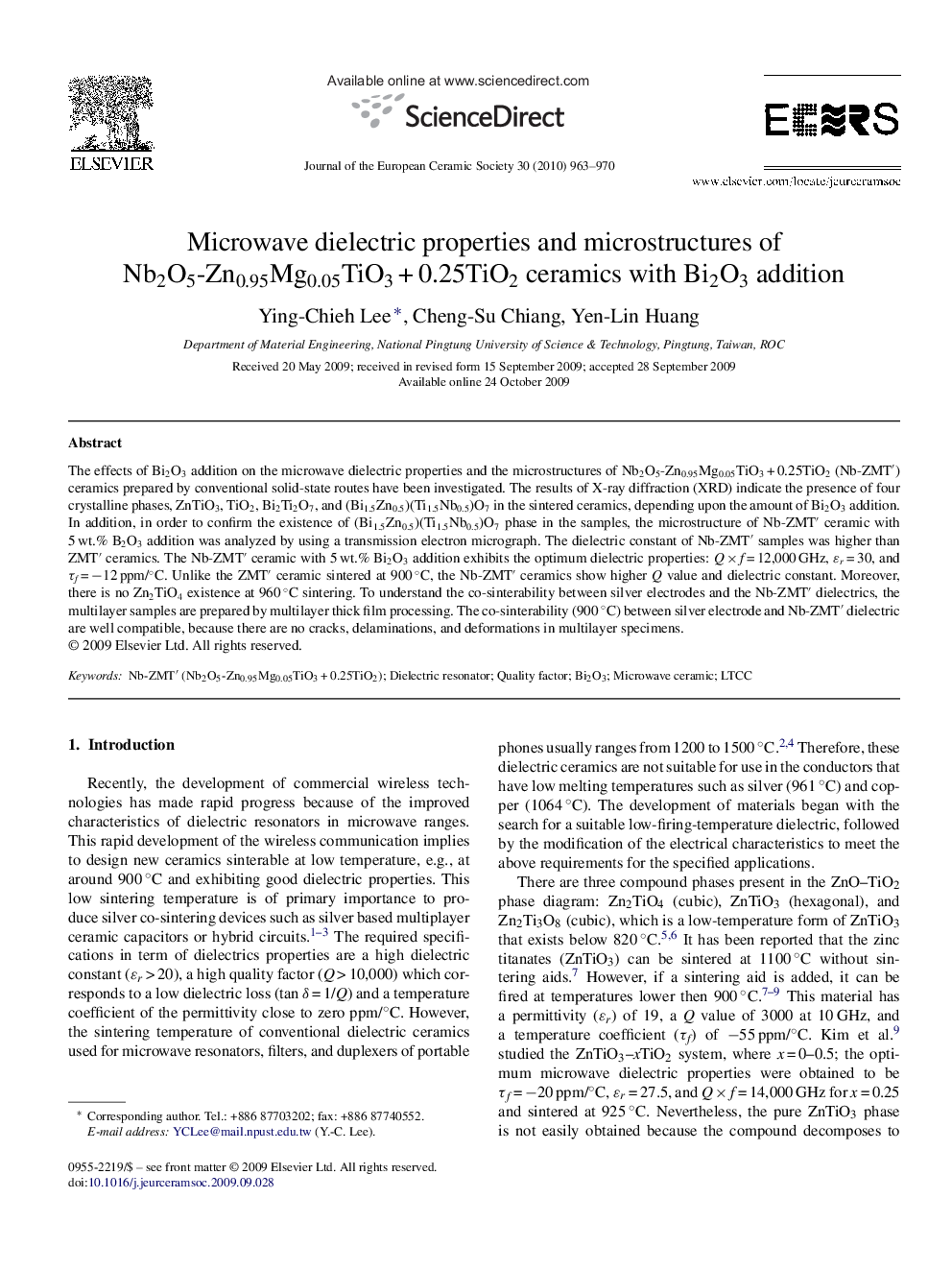 Microwave dielectric properties and microstructures of Nb2O5-Zn0.95Mg0.05TiO3 + 0.25TiO2 ceramics with Bi2O3 addition