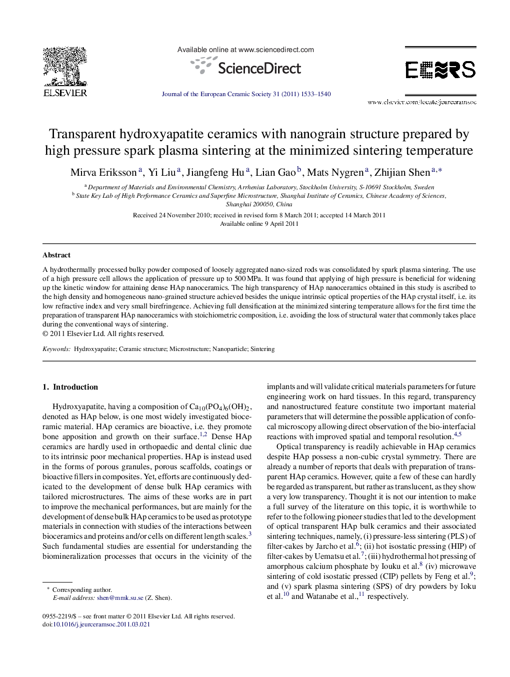 Transparent hydroxyapatite ceramics with nanograin structure prepared by high pressure spark plasma sintering at the minimized sintering temperature