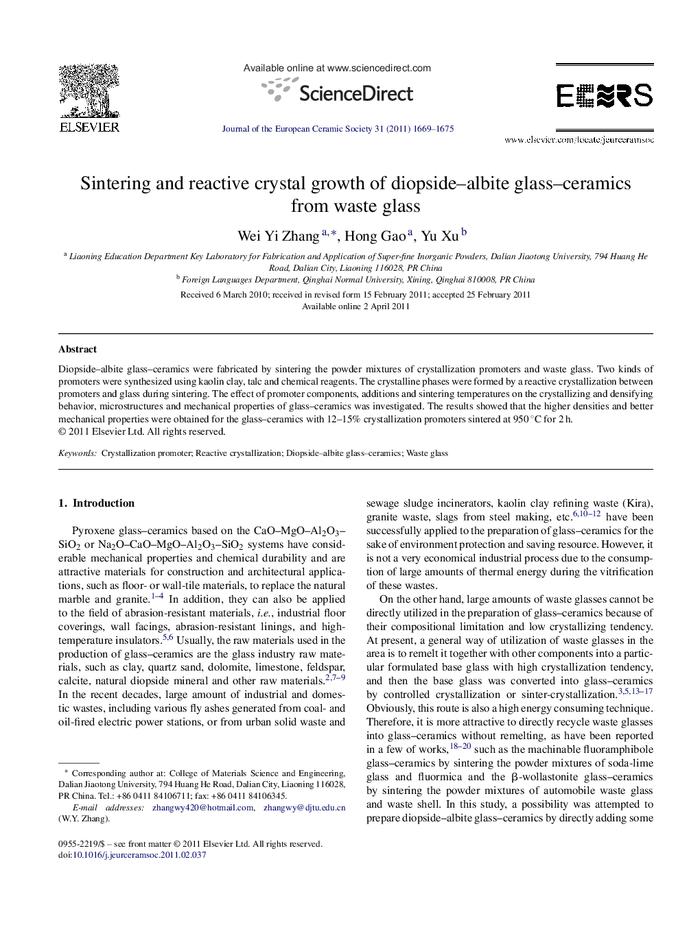 Sintering and reactive crystal growth of diopside–albite glass–ceramics from waste glass