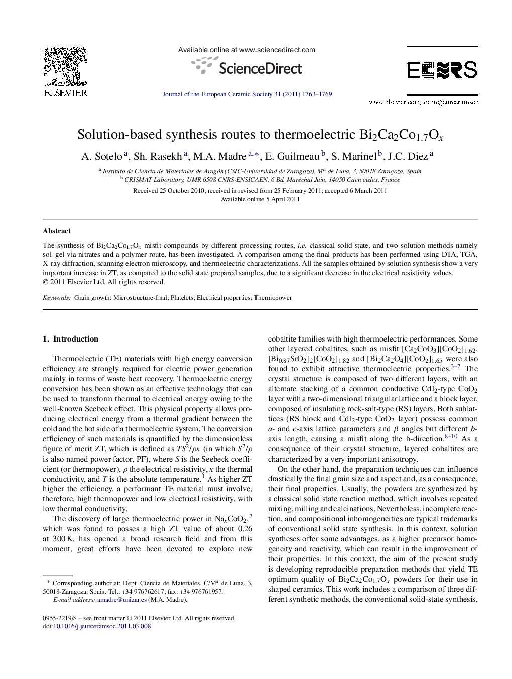 عکس صفحه اول مقاله: Solution-based synthesis routes to thermoelectric Bi2Ca2Co1.7Ox Solution-based synthesis routes to thermoelectric Bi2Ca2Co1.7Ox