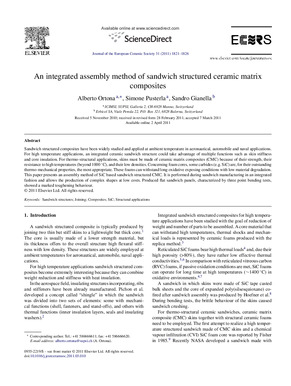 An integrated assembly method of sandwich structured ceramic matrix composites