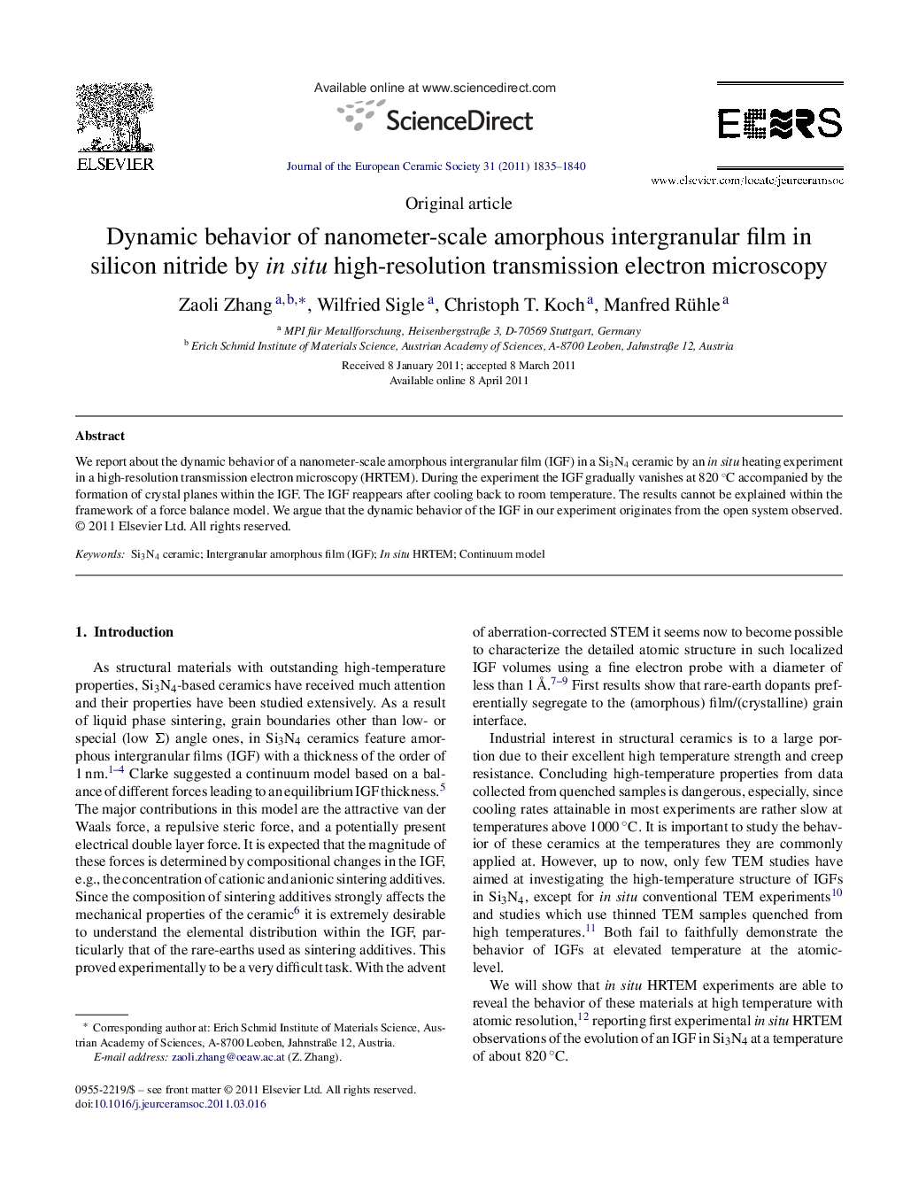 Dynamic behavior of nanometer-scale amorphous intergranular film in silicon nitride by in situ high-resolution transmission electron microscopy