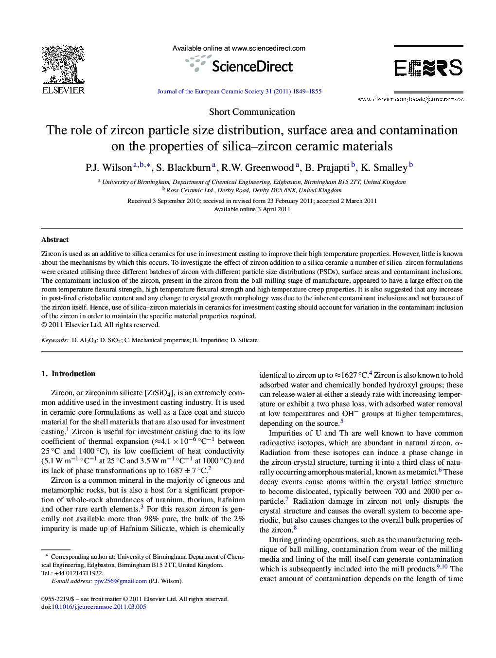 The role of zircon particle size distribution, surface area and contamination on the properties of silica–zircon ceramic materials