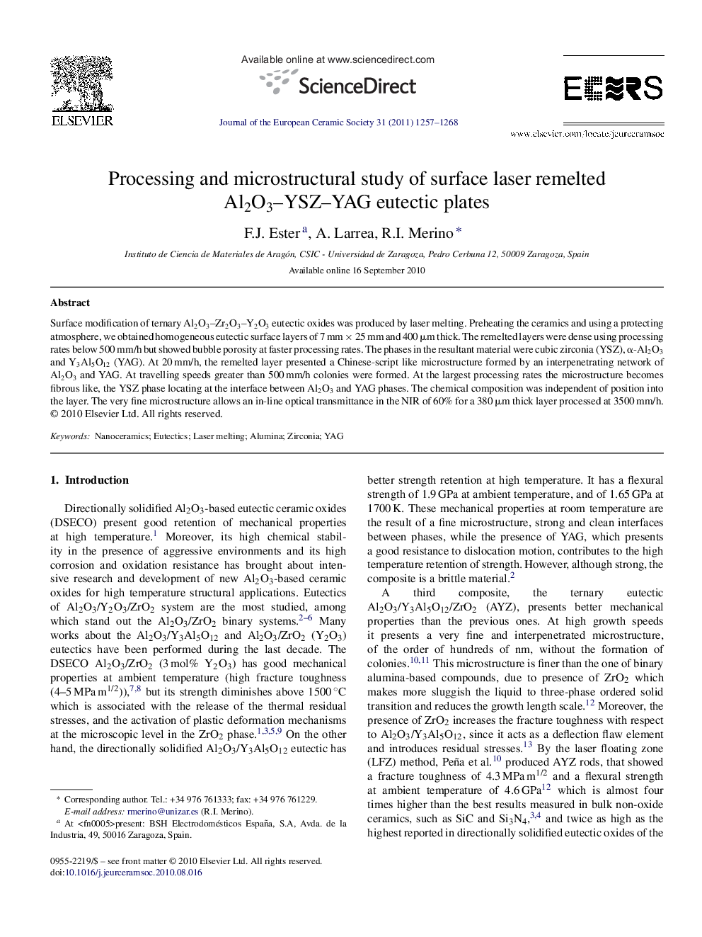 Processing and microstructural study of surface laser remelted Al2O3–YSZ–YAG eutectic plates