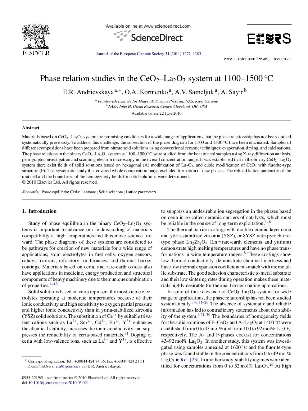 Phase relation studies in the CeO2–La2O3 system at 1100–1500 °C