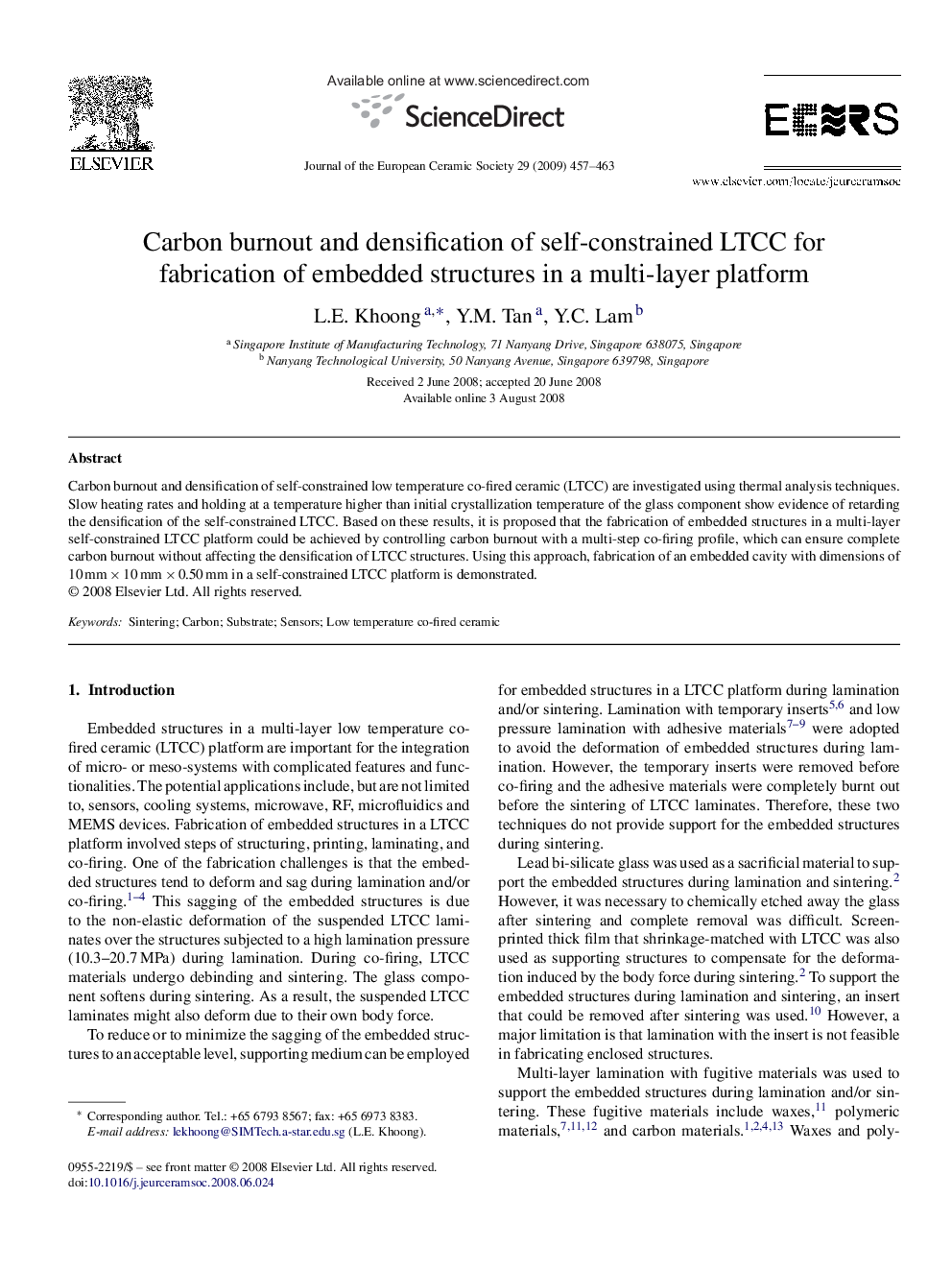 Carbon burnout and densification of self-constrained LTCC for fabrication of embedded structures in a multi-layer platform