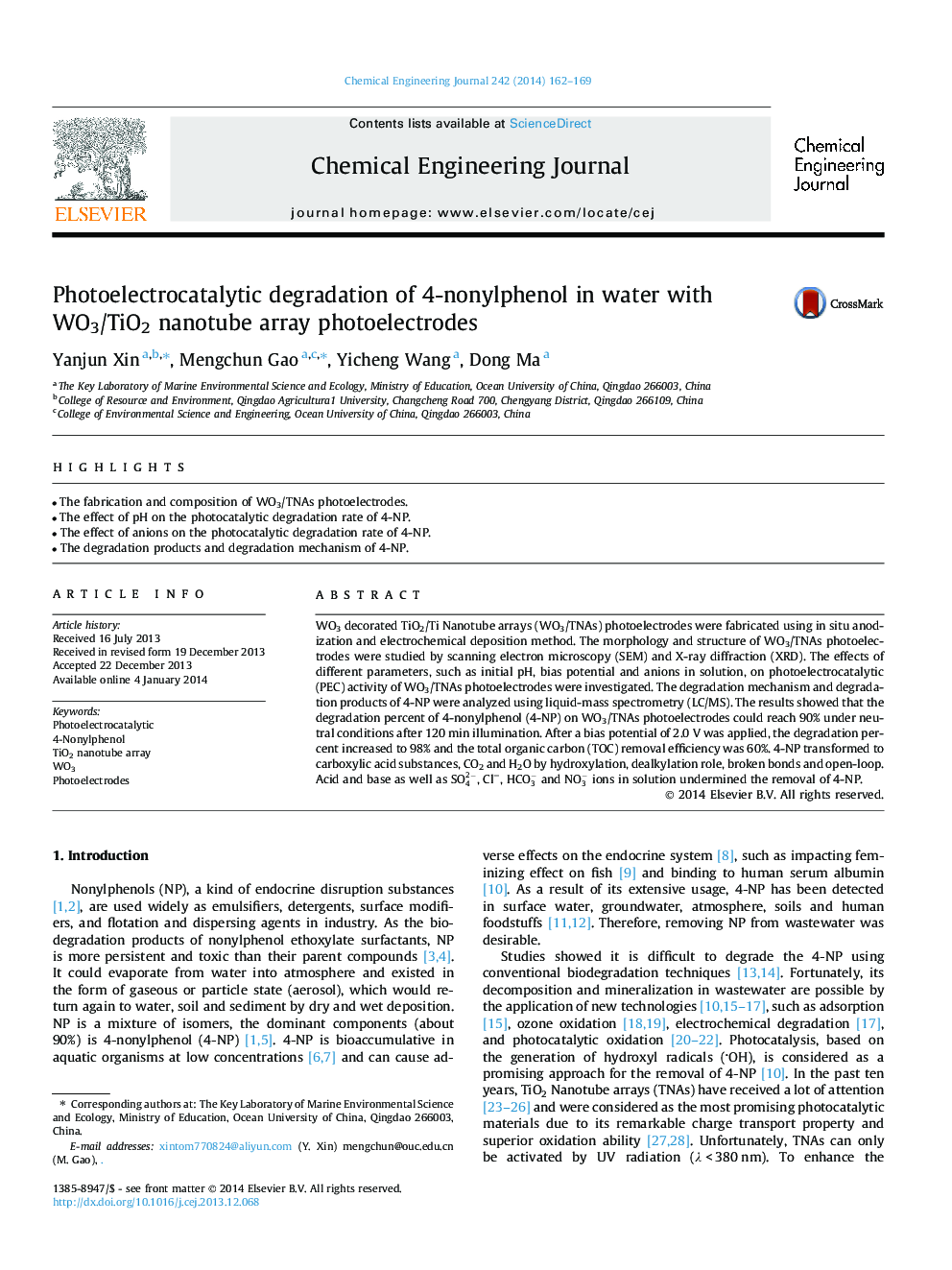 Photoelectrocatalytic degradation of 4-nonylphenol in water with WO3/TiO2 nanotube array photoelectrodes