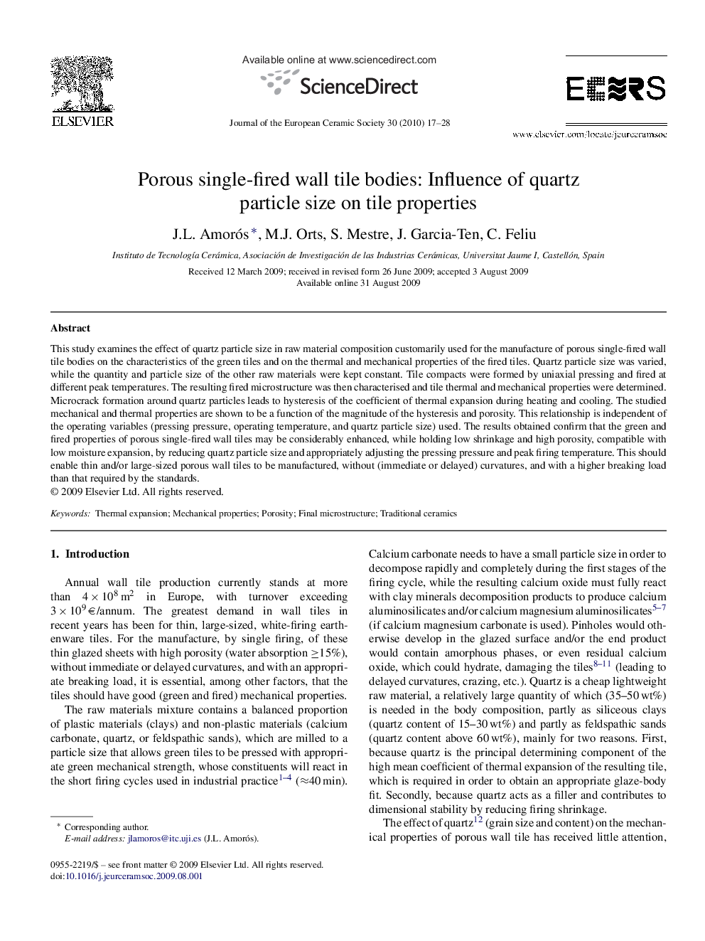 Porous single-fired wall tile bodies: Influence of quartz particle size on tile properties