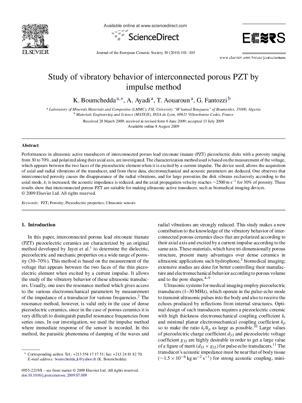 Study of vibratory behavior of interconnected porous PZT by impulse method