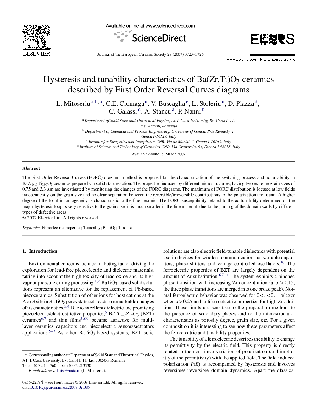 Hysteresis and tunability characteristics of Ba(Zr,Ti)O3 ceramics described by First Order Reversal Curves diagrams