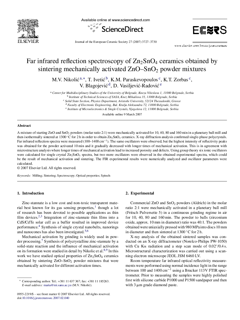 Far infrared reflection spectroscopy of Zn2SnO4 ceramics obtained by sintering mechanically activated ZnO–SnO2 powder mixtures