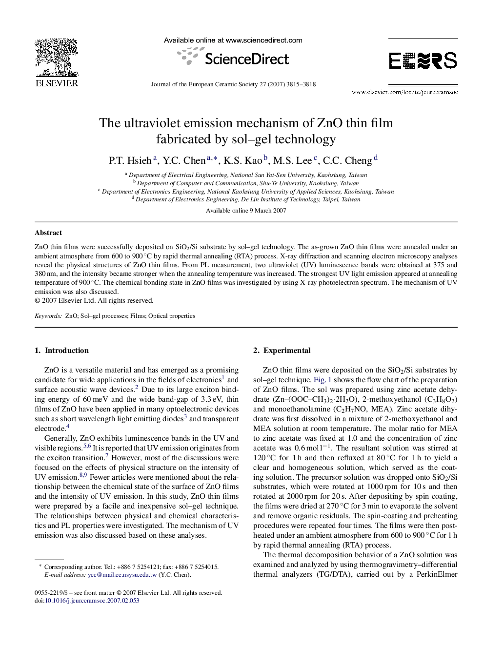 The ultraviolet emission mechanism of ZnO thin film fabricated by sol–gel technology