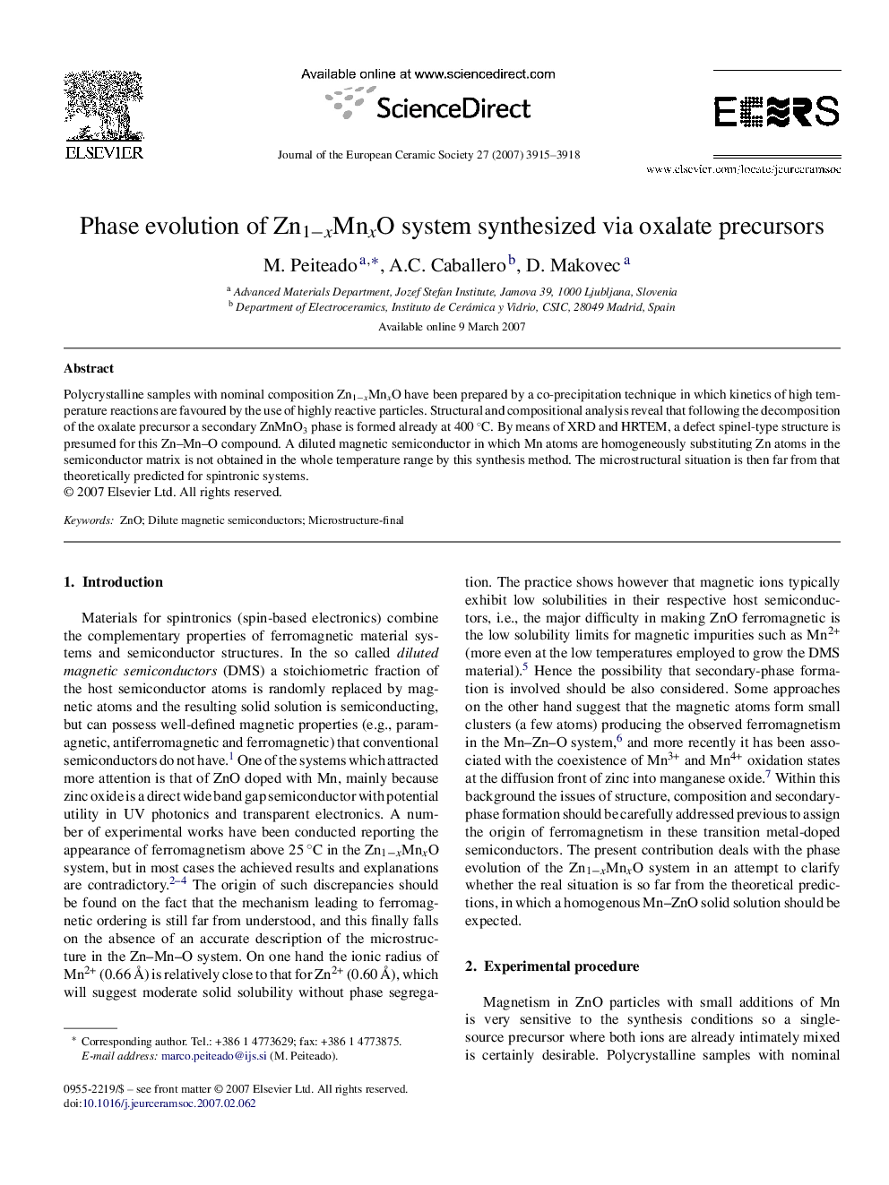 Phase evolution of Zn1−xMnxO system synthesized via oxalate precursors