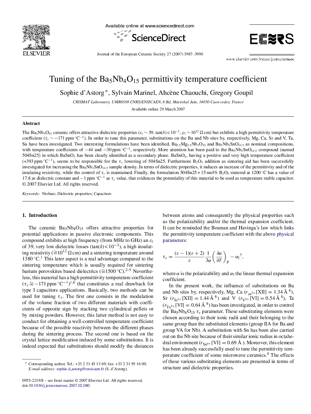 Tuning of the Ba5Nb4O15 permittivity temperature coefficient