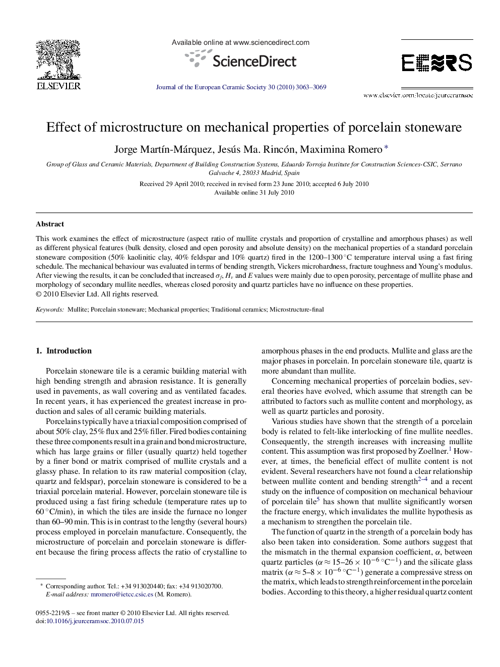 Effect of microstructure on mechanical properties of porcelain stoneware