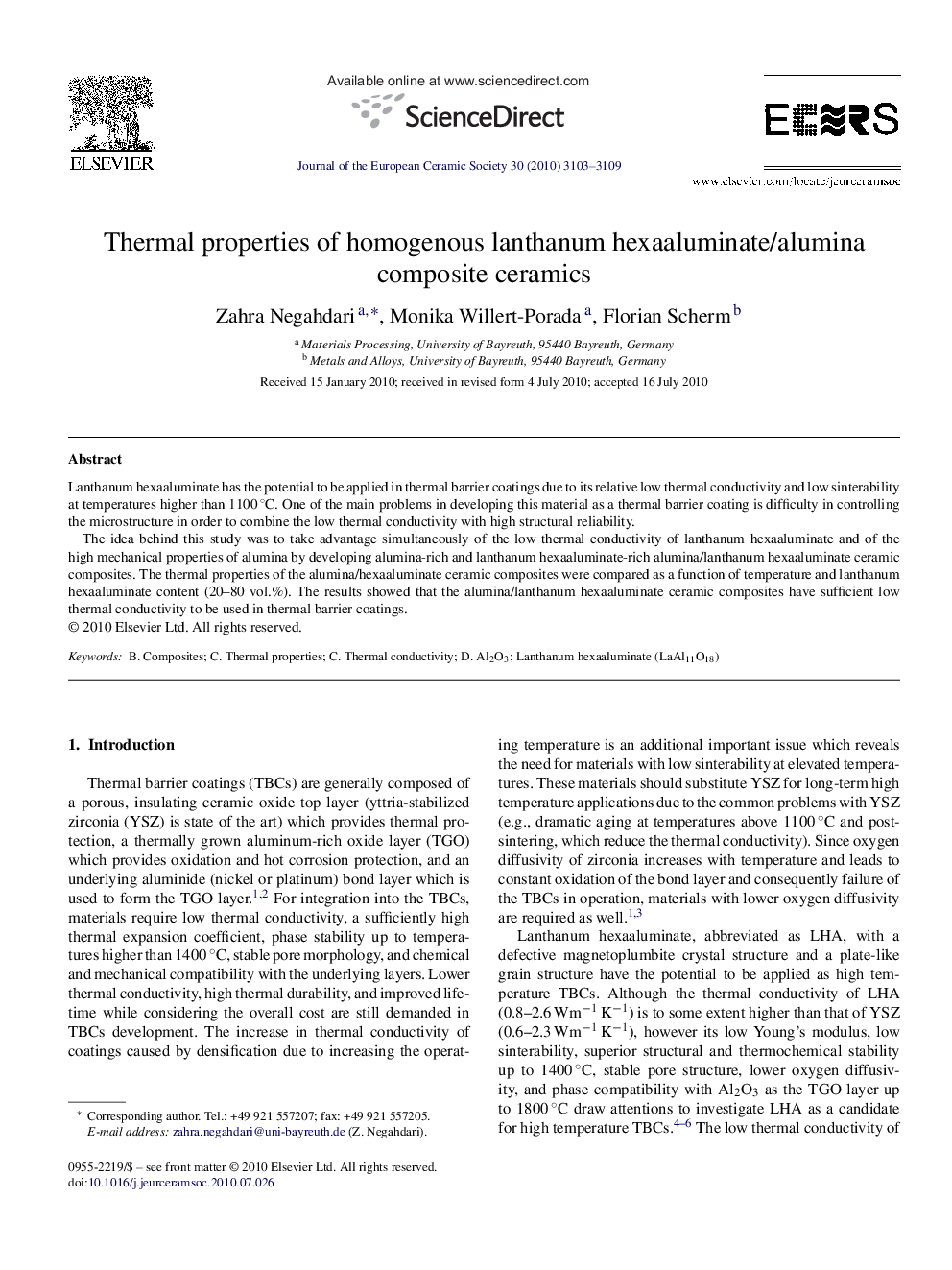 Thermal properties of homogenous lanthanum hexaaluminate/alumina composite ceramics