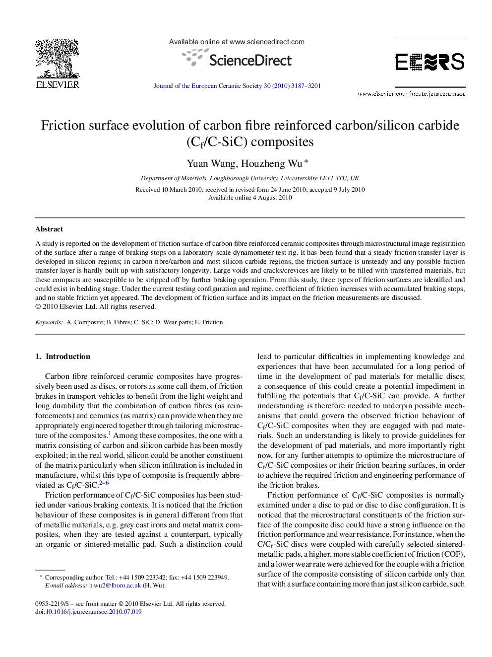 Friction surface evolution of carbon fibre reinforced carbon/silicon carbide (Cf/C-SiC) composites