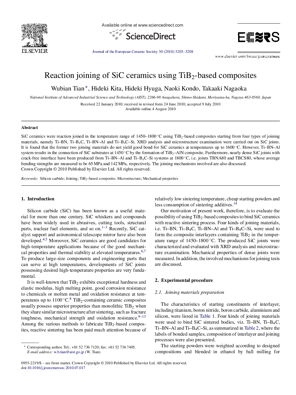 Reaction joining of SiC ceramics using TiB2-based composites