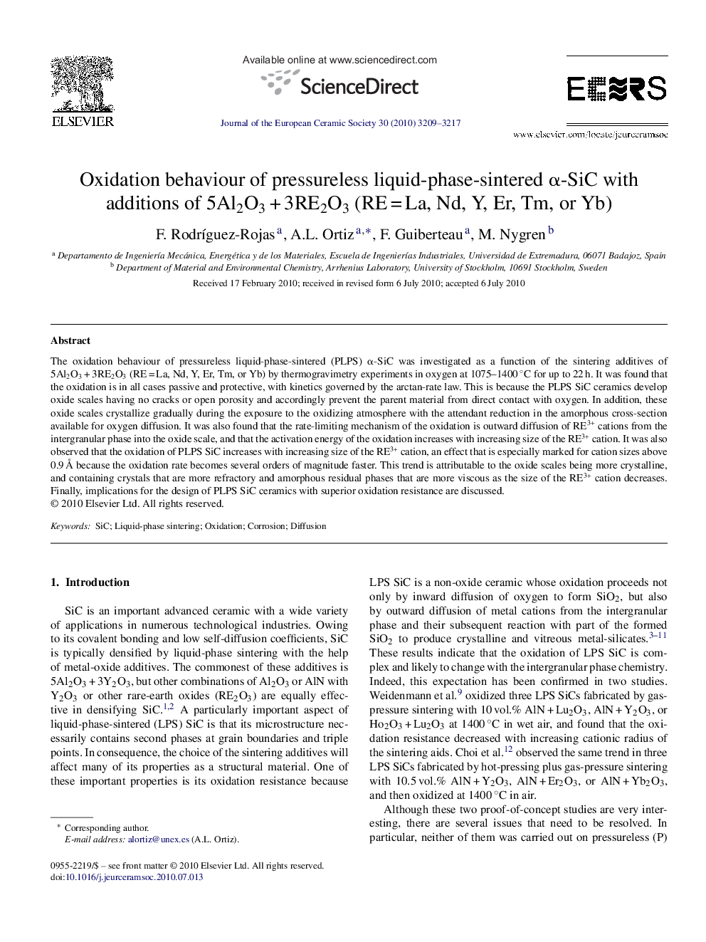 Oxidation behaviour of pressureless liquid-phase-sintered α-SiC with additions of 5Al2O3 + 3RE2O3 (RE = La, Nd, Y, Er, Tm, or Yb)